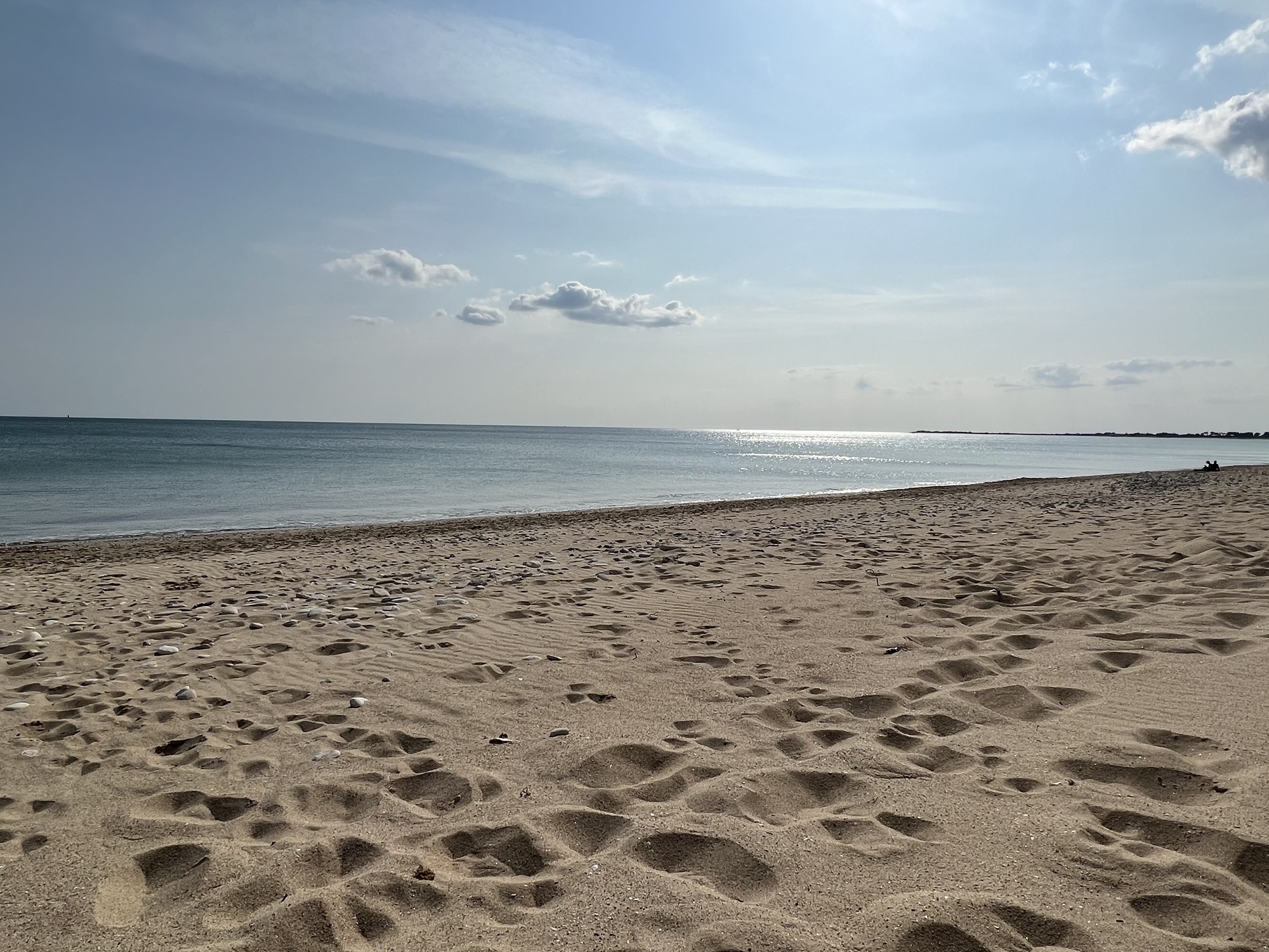 photo de la plage de La Couarde en Ré : ciel bleu, peu de nuages, sable foncé, mer calme et plate