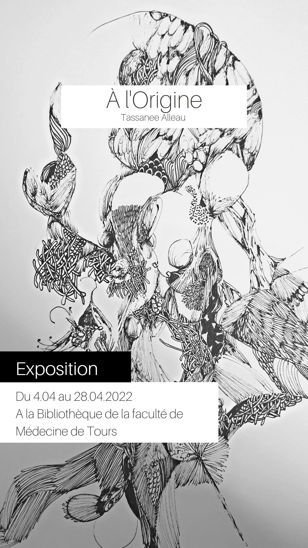 Affiche de l'exposition A l'Origine, dessin végétalisant en noir et blanc